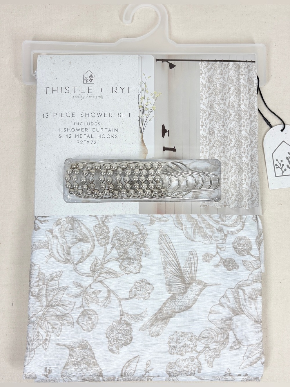 Thistle + Rye 72x72 Hummingbird Floral Shower Curtain 12 Hooks White Beige